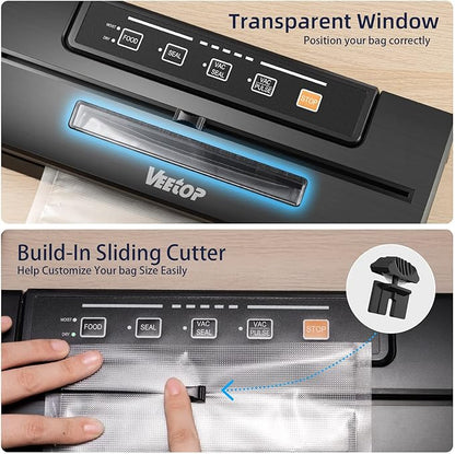 Veetop Vacuum Sealer, Automatic 80kPa Food Sealer Machine with Dry Moist Modes for Food Preservation,1 Vacuum Rolls & 10Pcs Vacuum Seal Bags