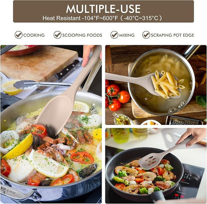 HOTEC Heat Resistant Silicone Cooking Spoon Spatula, Large Kitchen Solid and Slotted Spoons for Mixing, Serving, Scraping, Non-stick, Dishwasher Safe Khaki 12.5inch
