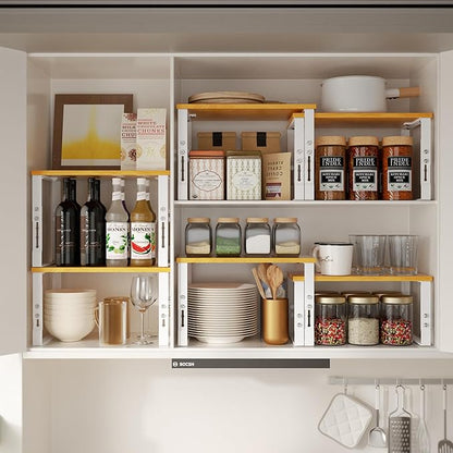 Adjustable Storage Shelves for Kitchen Cabinet Organization - Set of 2 Stackable Metal & Solid Wood Racks, Space-Saving Design for Countertop/Pantry/Garage, Easy Assembly(1 Pack/Large/White)