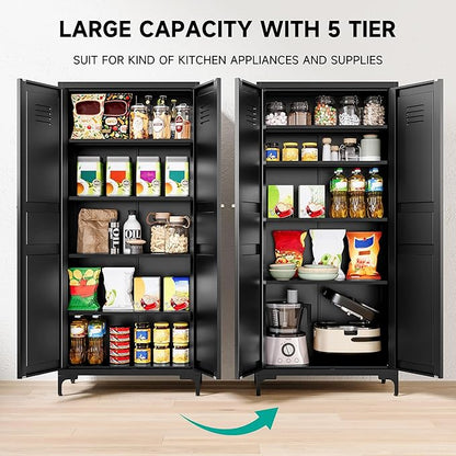 SISESOL Metal Storage Cabinet with Doors and Shelves,Black Storage Cabinet with Leg,Metal Pantry Cabinets,Ventilated Pantry Closet,Tall Large Cupboard for Home,Kitchen,Dining/Living/Laundry Room