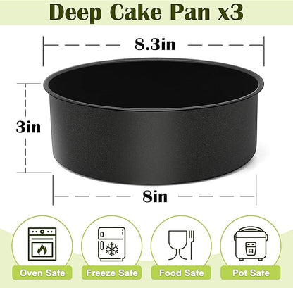 E-far 8 x 3 Inch Cake Pan Set of 3, Nonstick Stainless Steel Round Cake Pans Tin for Baking Birthday Wedding Layer Cakes, Stainless Steel Core & Non-toxic Coating, Deep & Straight Side