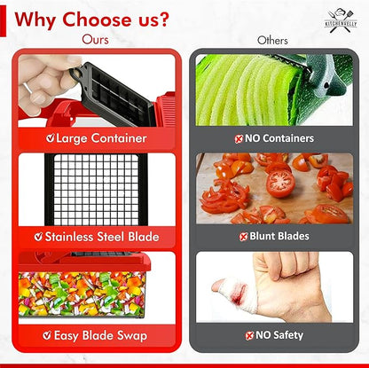 16-in-1 Vegetable Chopper and Slicer with 8 Blades – Veggie Cutter, Dicer, Food Chopper with Container & Lid – Multi-Purpose Kitchen Tool for Easy Meal Prep (Red)