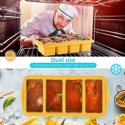 Silicone Freezer Tray With Lid - Silicone Freezer Food Molds- Large Ice Cube Tray,Silicone Freezer Container,Freeze & Store Soup, Sauce, Broth,Leftovers - Makes 4 Perfect 1 Cup
