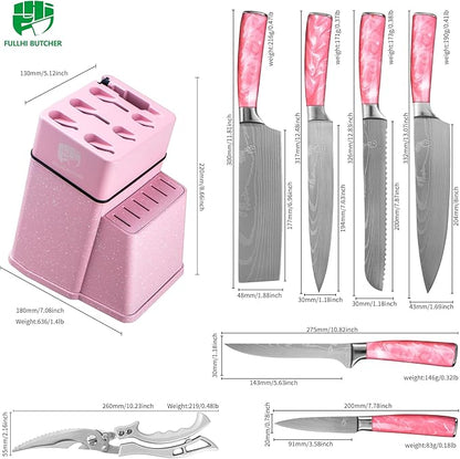 FULLHI 8pcs block Knife Set,chef's Knves Set with Block and Sharpener, Kitchen Knife Set,Multi-colour Handle, Gifts for Men Women