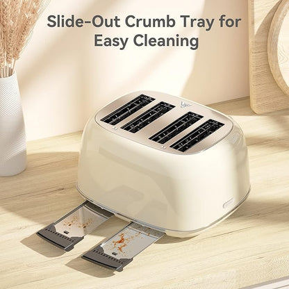 Toaster 4 Slice, Retro Stainless with 6 Bread Shade Settings,1.5''Wide Slots Toaster with Cancel/Defrost/Reheat Functions,Dual Independent Control Panel, Removal Crumb Tray (Cream)