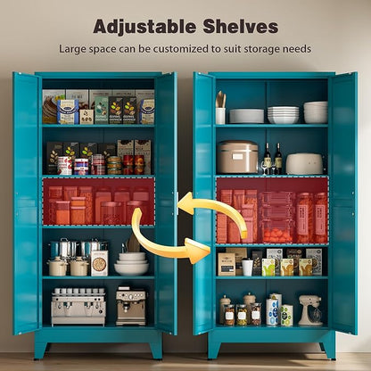 71" Tall Metal Pantry Cabinet, Kitchen Storage Cabinet with 2 Doors and 4 Adjustable Shelves for Kitchen, Living Room, Dining Room, Bathroom and Home, Office (Blue, 71" H)