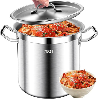 Large Stock Pot - 75QT Stainless Steel Stockpot with Lid, Heavy Duty Tri-Ply Bottom Commercial Grade Soup Pot for Cooking Soup, Stew, Canning, Oven, Gas, Ceramic, Dishwasher Safe