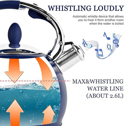 SUSTEAS Stove Top Whistling Tea Kettle - Food Grade Stainless Steel Teakettle Teapot with Cool Touch Ergonomic Handle, With 1 Silicone Pinch Mitt Included, 2.64 Quart,NAVY BLUE