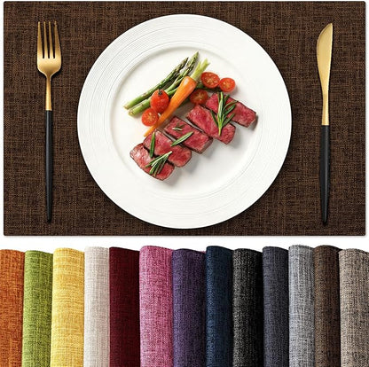 KXN Placemats Set of 6, Dual-Layer Thickened Faux Linen Table Mats, Heat Resistant & Wrinkle-Free, Machine Washable Cloth Place Mats for Kitchen Dining Indoor Outdoor (Brown)