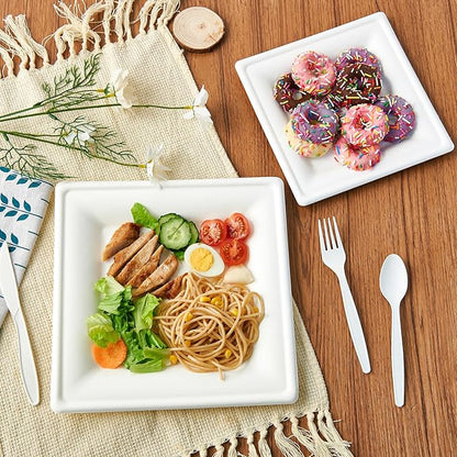 ECOLipak 6 Inch Compostable Square Paper Plates, 300 Count Heavy Duty White Small Paper Appetizer Plates, Disposable Biodegradable for Dessert Daily meals, Dinner, Parties, BBQ