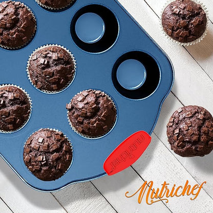NutriChef 8-Piece Nonstick Baking Pan Set - Premium Carbon Steel Bakeware w/ Silicone Handles - Includes Pizza Tray, Loaf Pan, 12-Cup Muffin Pan, Round/Square Pans, & Cookie Sheet - Blue