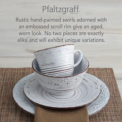 Pfaltzgraff Trellis White 16-Piece Stoneware Dinnerware Set, Service for 4, Distressed White Finish, Microwave & Dishwasher Safe Plates and Bowls