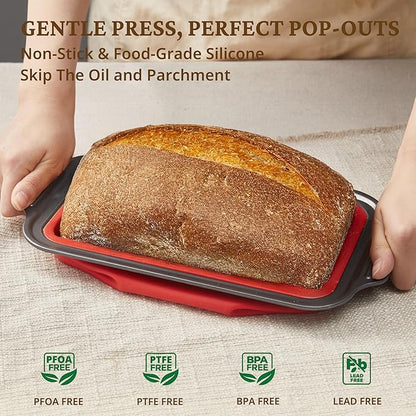 BRONYPRO 9x5 Inch Non-Stick Bread Loaf Pan,Non-Toxic Silicone Baking Mold For Homemade Bread,Heavy-Duty Steel Frame,Dishwasher Safe-Red