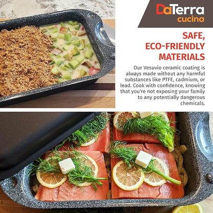 DaTerra Cucina - 13 x 8 x 4.25 Nonstick Ceramic Coated Dual Roasting Pan Set – 2 Identical Pans, Oven Safe, Ideal for Roasting, Baking, Searing, Braising, Casseroles, Fits Most Toaster Ovens