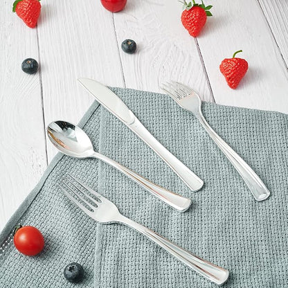 FOCUSLINE 300 Pack 6.8" Disposable Silver Plastic Spoons, Solid and Durable Plastic Cutlery Spoons, Heavy Duty Disposable Utensil Silverware for Catering, Parties, Dinners, Weddings