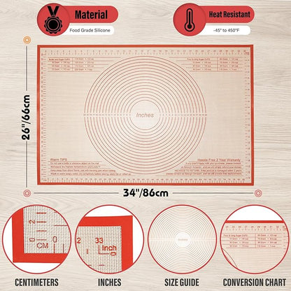 Silicone Pastry Mat 34x26 Inch - Nonstick Baking Mat Perfect for Dough, Pastry, Pie Crust, Fondant, Bread, Cookies, Pasta, Pizza