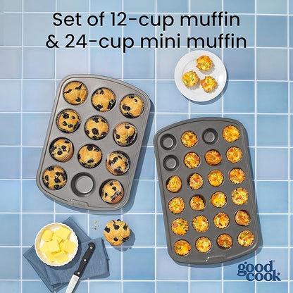 GoodCook Set of 2 Everyday Nonstick 12 cup standard and 24 cup mini Muffin Pan, Gray