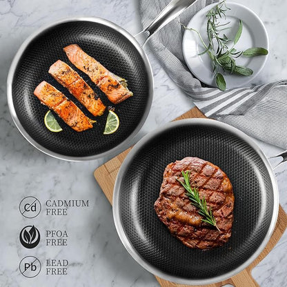 Stainless Steel Frying Pan Set with Lid 10" and 12" Nonstick Honeycomb Coatings Skillet Set 2pcs W/Stay Cool Handle,Works Pan for Cooking with Induction Gas Stovetops