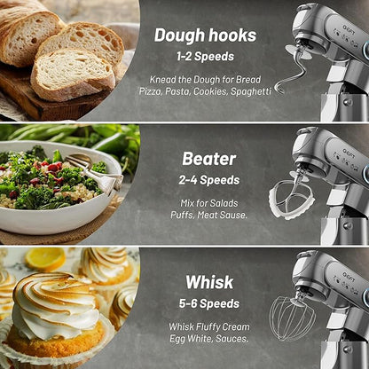 Stand Mixer, 3.5QT+6QT Two Bowls Kitchen Electric Mixer, 600W 6+P speed Tilt-Head Food Mixer with Stainless Steel Bowl, Dishwasher-Safe Dough Hook, Flat Beater, Wire Whisk, Splash Guard, Grey