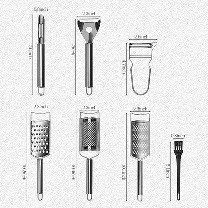 Cheese Grater Set, 7-Piece Zester Grater Peeler Set Stainless Steel Kitchen Utensil Set for Bar Restaurant Home Ginger Lemon Fruit Chocolate Vegetables Apple Gift for Christmas Birthday Housewarming