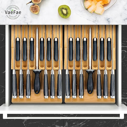 VaeFae Bamboo Knife Drawer Organizer, Knife Drawer Organizer Insert, Kitchen Drawer Knife Block for 12 Knives and a PLUS Slot for your Knife Sharpener (Without Knives)