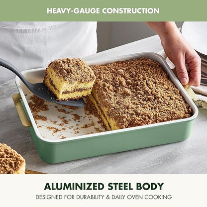 GreenPan Bakeware Rectangular Cake Pan, Ceramic Nonstick Baking Pan, PFAS & BPA Free, Gold Handles, Durable Steel, Freezer to Oven Dish, Scratch Resistant, Bake & Roast Ovenware, Sage Green