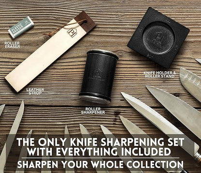 Black Roller Sharpener for Knives with Leather Strop - Knife Sharpener Kit with 15, 17, 20 & 22 Degree Angles - Roller Knife Sharpening System Stand, Holder & Eraser