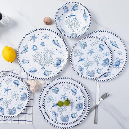 LEHAHA 12-Piece Coastal Melamine Dinnerware Set Service for 4, Unbreakable & Lightweight Round Plates and Bowls Set, Outdoor Dish Set for Patio, Camper, RV, Indoor Outdoor Use with Ocean Printed