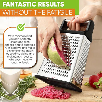 Spring Chef Professional Cheese Grater - Stainless Steel, XL Size, 4 Sides - Perfect Box Grater for Parmesan Cheese, Vegetables, Ginger - Dishwasher Safe - Black