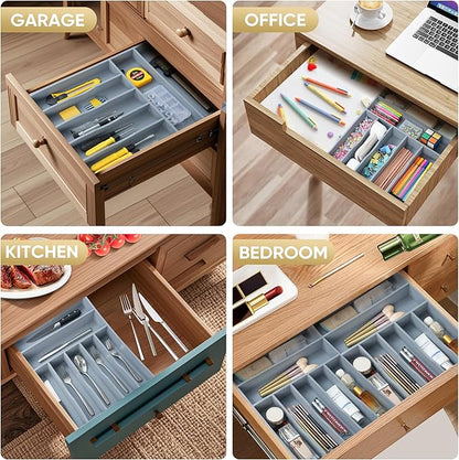 Silverware Organizer, 12.5 Inch Utensil Organizer Kitchen Drawer Organizer Bamboo Silverware Holder Cutlery Tray Organizer in Drawer Flatware Organizer Tray(7 slots, Gray）