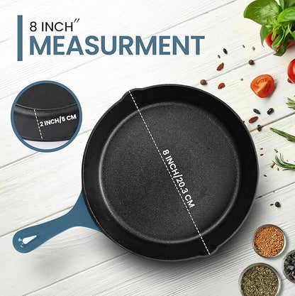Utopia Kitchen Cast Iron Frying Pan 8 Inch, Cast Iron Chefs Pan, Pre Seasoned Skillet, Safe Grill Cookware for Indoor & Outdoor Use, Teal