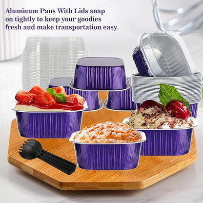 30PCS 10OZ Mini Cake Pans with Lids - Aluminum Foil Baking Cups - Mini Square & Cheesecake Pans for Birthday & Holiday Baking, Violet