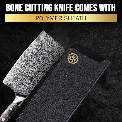 SliceElite Elite Series 7-Inch Damascus Bone Cutting Knife – VG10 Steel Blade with Forged Carbon Fiber Handle Infused with Gold Leaf, Sheaths Option (Bone Cutting Knife)