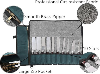 Denifiter Professional Chef's Knife Bag with Anti Cutting Fabric Inside, Heavy Duty 16oz Waxed Canvas Knife Roll, 11 Slots & Durable Handle Adjustable Shoulder Strap (Dark Green)