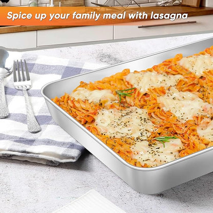 Herogo 10.5" x 8" x 2" Deep Baking Pan Set of 2, Stainless Steel Rectangle Sheet Cake Pan for Lasagna Brownies Casseroles Cakes, Dishwasher Safe & Durable