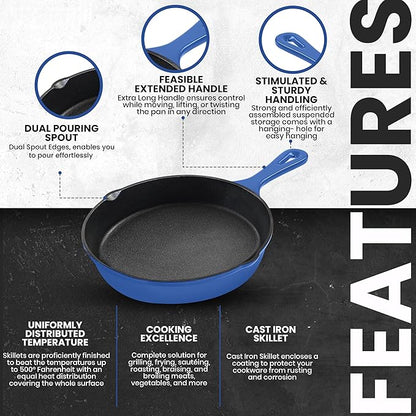 Utopia Kitchen Pre Seasoned Chefs Pan Skillet Frying Safe Grill Cookware for indoor & Outdoor Use (Blue, 8 Inch Pack of 1