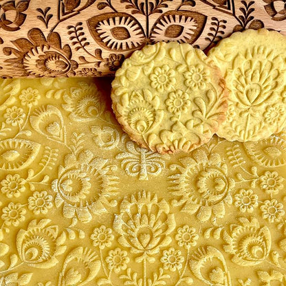 Rolling pin FOLK. Wooden embossing rolling pin with Oriental flowers. Embossed cookies. Pottery. Birthday gift. Gift for mother