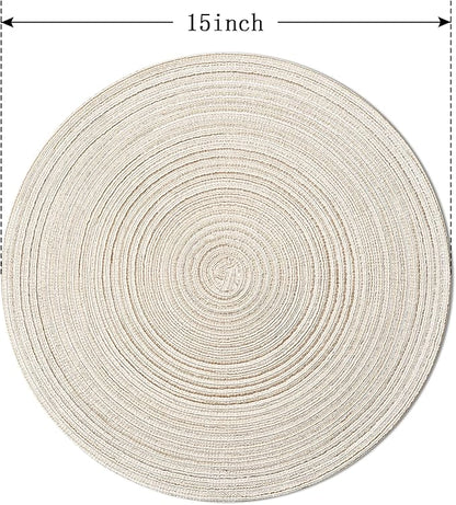 FunWheat Round Braided Placemats Set of 6 Easy Clean Place mats for Dining Tables Woven Heat Resistant Washable Table Mats 15 inches(Beige)
