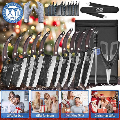XYJ Professional Kitchen Knife Set with High-Carbon Steel Forged Blades, Chef's Knife, Cleaver, Carving Knife, Nakiri, Full Tang Design, Includes Carrying Bag & Poultry Scissors