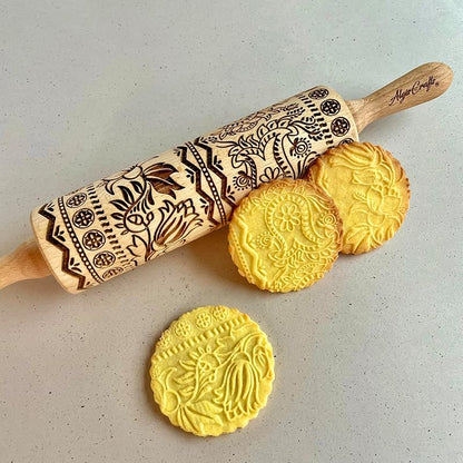 ECHO Embossing Rolling Pin with Ornamental Bloom Pattern – Dough and Clay Roller for Embossed Cookies and Pottery - Cookie and Ceramic Stamp - Baking Gifts for Women by Algis Crafts