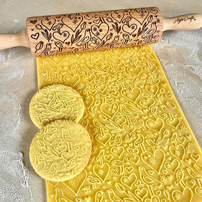 LOVE BIRDS Embossing Rolling Pin – Laser Engraved Dough Roller with hearts and birds pattern. Great for cookies, clay crafts, and a charming gift. By Algis Crafts