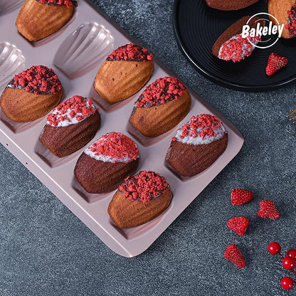 Madeleine Pan, 12-Cavity Mold Cake Pan Non-Stick Oval Shell Madeline Bakeware for Oven Baking (Rose Gold)