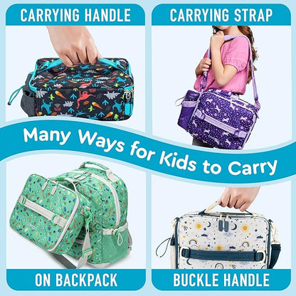 Bentgo Kids Lunch Bag - Durable, Double-Insulated Lunch Bag for Kids 3+; Holds Lunch Box, Water Bottle, & Snacks; Easy-Clean Water-Resistant Fabric & Multiple Zippered Pockets (Dinosaur)