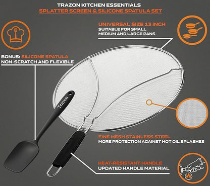 Grease Splatter Screen for Frying Pan 13 inch - Stops 99% of Hot Oil Splash - Protects Skin from Burns - Splatter Guard for Cooking - Iron Skillet Lid Keeps Kitchen Clean, includes Silicone Spatula