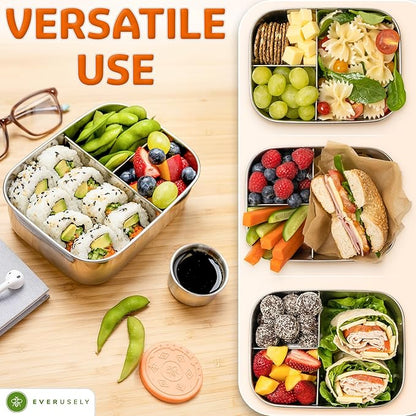 Everusely - Bento Box - Orange, 27oz / 0.8 L - Stainless Steel Lunch Box with Leakproof Condiment Container - 3 Compartment Snack Organizer for On the Go Meals - Freezer & Dishwasher Safe