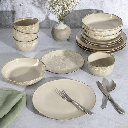 Gibson Elite Matisse 16-Piece Double Bowl Dinnerware Set – Service for 4, Taupe Stoneware Plates and Bowls
