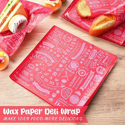 Outus 600 Pcs 12 x 12 Inch Deli Wax Paper Sheets Grease Resistant Tray Basket Liners Newsprint Paper Water and Grease Proof Sandwich Wrapping Square Hot Dog Wrappers for Food Baking (Red)