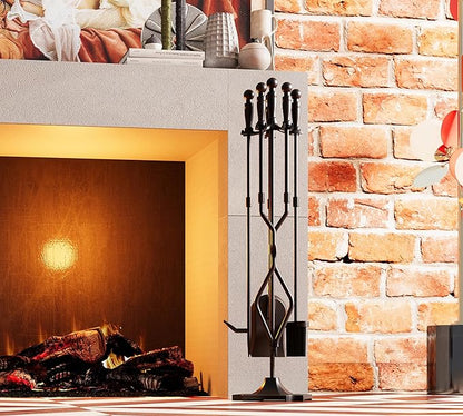 Fire Beauty Fireplace Tools, 5 Pieces Fireside Accessories Fire Kit Set,Woodstove Tools Holder Wrought Iron Handle Indoor Fireset Stand (32 Inches)