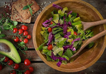 Extra Large Wooden Salad Bowl Set - 1/2" Thick Mango Wood Serving Bowl with Utensils, Wooden Mixing Bowls, Decorative Kitchen Dinnerware for Popcorn, Pasta, & Chips, Dishes - 15 Inch