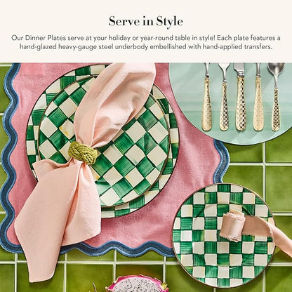 MACKENZIE-CHILDS Enamel Dinner Plate, Decorative Dinnerware Plate, 10 Inches, Green-and-White Emerald Check